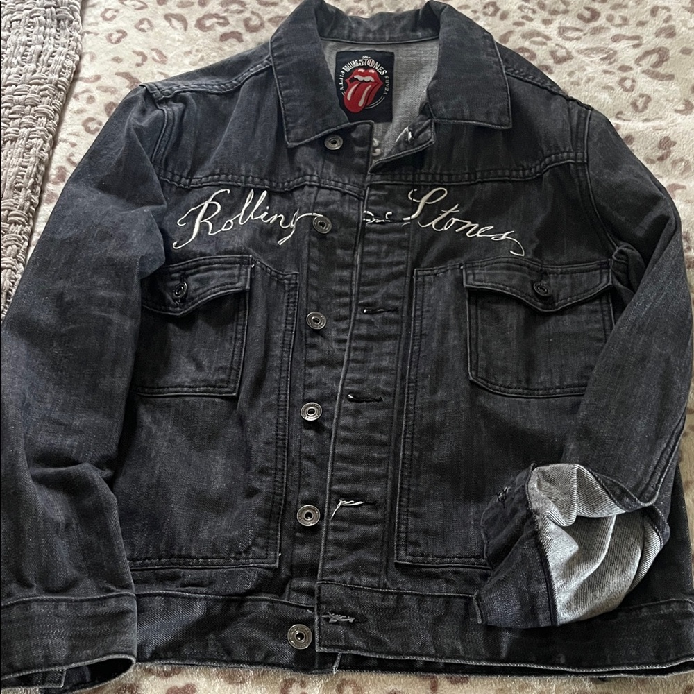 Rolling Stones Men's Black Denim Jacket with Embroidered Logo